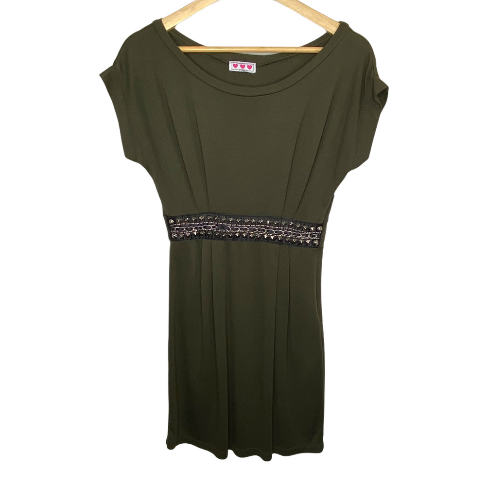 Juniors Short Sleeve Jeweled Mini Dress Olive S